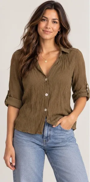 Zara Women’s XS Olive Brown Crinkle Button Front Blouse Roll Tab Sleeve Shirt thumbnail 1
