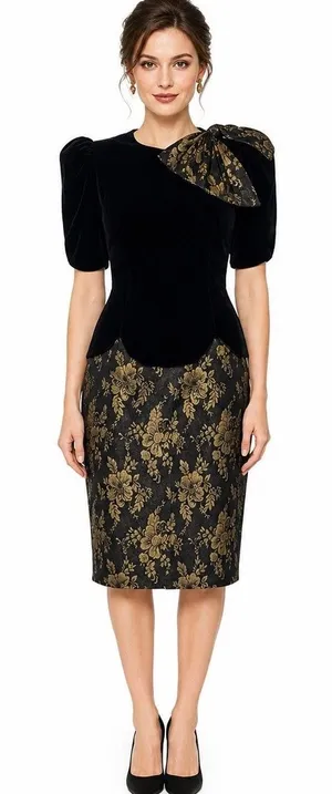 Vintage 1980s Scott McClintock Black Velvet Gold Brocade Dress Open Back S/M thumbnail 1