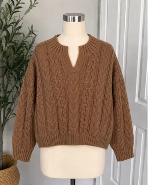 Grandma-Core Sweater A New Day Brown Cable Knit V-Neck Wool Blend Size Medium thumbnail 1