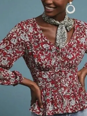 Feather Bone by Anthropologie Red Latrobe Floral Smocked Peplum Top - Size - 14 thumbnail 1