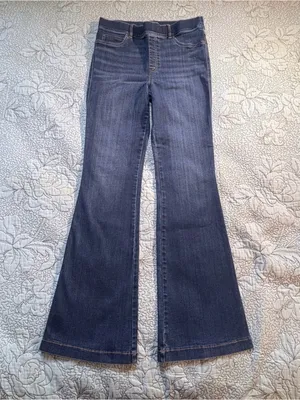 💥SPANX Pull On Flare Jeans Dark Wash High Rise Stretch Denim Size M🧡 thumbnail 3