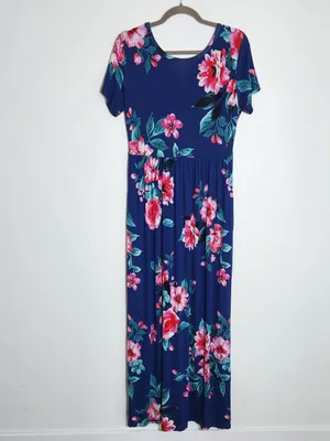 Viishow Blue and Pink Short Sleeve Floral Maxi Dress Size Large thumbnail 3