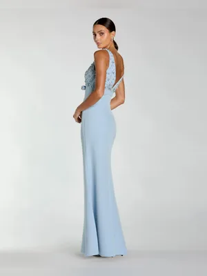 MAC DUGGAL Blue Sleeveless Embellished Crepe Gown With Bow Size 0 thumbnail 3