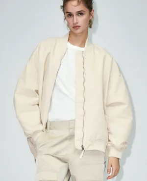 Zara Women's White Oversized Long Sleeve Pockets Full Zip Bomber Coat Jacket L thumbnail 1