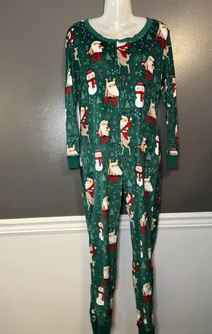 Xhilaration One-piece Pajamas Womens XS/S Green Christmas Santa Reindeer Zip thumbnail 2