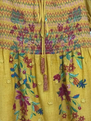 Farm Rio Boho Floral Dream Yellow Smocked Midi Dress - Sz Small thumbnail 7