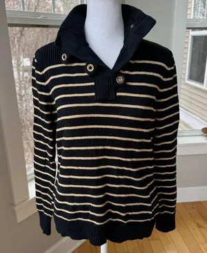 Lauren Ralph Lauren Black Gold Striped Mockneck Cotton Sweater Metallic Medium thumbnail 1