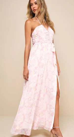 NWOT Lulus Effortlessly Abloom Light Pink Floral Ruched Halter Maxi Dress L thumbnail 1