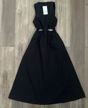 ZARA black vneck gabardine cut out midi dress thumbnail 1