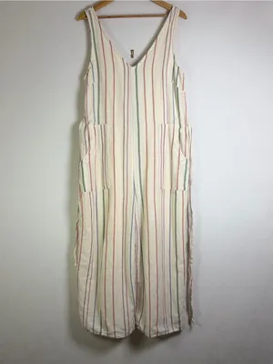 American Eagle Women’s Sz M Striped Cotton Linen Wide Leg Jumpsuit Boho Coastal thumbnail 3