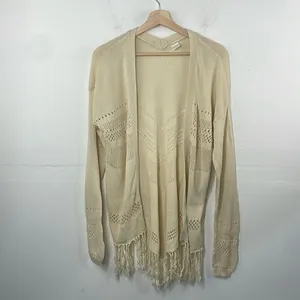 Wild Pearl Open Cardigan with fringe boho cotton crochet design Large cream thumbnail 3