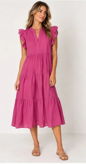 Entro Dress Womens Large Pink Ruffle Flutter Sleeve Tiered Swing Midi thumbnail 1