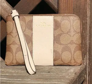 Coach Corner Zip Wristlet in Signature Canvas with Stripe Brown Cream Gold thumbnail 1