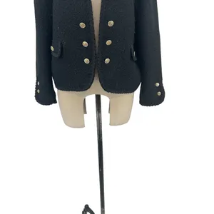 Zara Jacket Button Textured Tweed Gold‎ Button Open Cropped Black Blazer XXL thumbnail 6