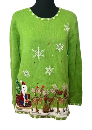 Quacker Factory Green Light Up Santa Reindeer Ugly Christmas Sweater Womens M thumbnail 1