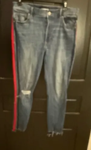 Express Dark Blue Skinny Jeans with Red Side Stripe thumbnail 1