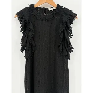 Sugar + Lips‎ Eyelet Ruffle Mini Dress Womens Small Black Pom Pom Trim STD10938 thumbnail 7