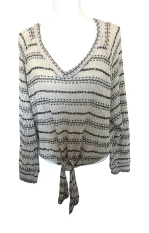 Altar'd State Pullover Small White Black‎ Striped Knit V Neck Tie Front Sweater thumbnail 1