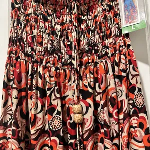 Carnival Fashion Womens Strapless Smocked Midi Dress Orange Black Floral Large thumbnail 2