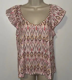 LOFT Boho Print Cotton Tee Short Flutter Sleeve T-Shirt Women’s Medium M thumbnail 1