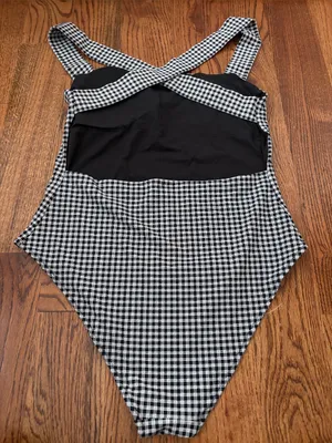 aerie Black & White Gingham One-Piece Swimsuit with Crossback Straps Size XL thumbnail 3