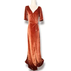 Baltic Born Katelyn Velvet Maxi Wrap Dress Cinnamon Rust XS Short Sleeve Gown thumbnail 10