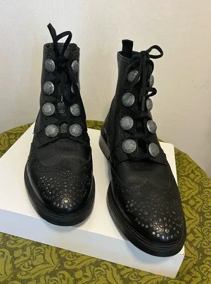 Zara Black Lace-Up Brogue Boots with Decorative Silver Buttons thumbnail 1