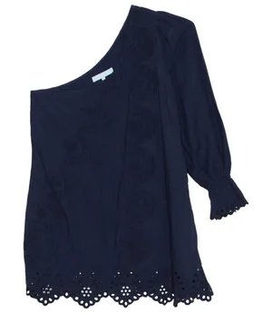Hill House One Shoulder Dress Eyelet Linen Blend Embroidered Navy Blue L Boho thumbnail 1