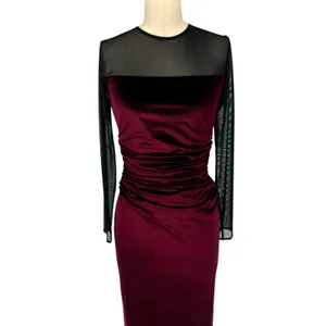 New! Amanda Uprichard Burgundy Velvet‎ Mesh Midi Dress Ruched Long Sleeve Small thumbnail 4