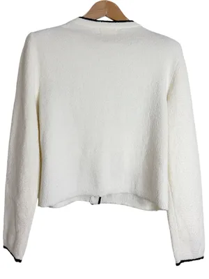 Marled Cream Bouclé Fuzzy Cardigan with Black Trim Minimalist Preppy size M thumbnail 2
