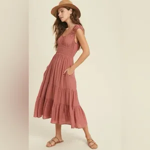 Mauve Smocked Tiered Midi Dress - Boho Romantic Ruffle Cap Sleeve Dream Medium thumbnail 4