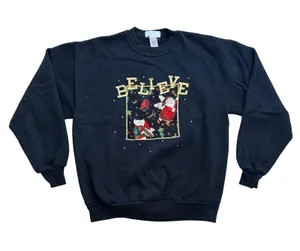 Vintage Quaker Factory Believe Christmas Sweatshirt Santa Angel Black WomenLarge thumbnail 1