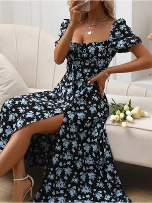 SHEIN‎ Black Midi Dress with Light Blue Floral Print thumbnail 1