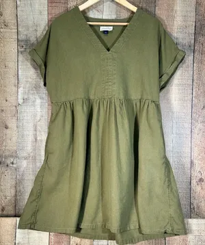 Universal Threads Olive Green Linen Blend V-Neck Babydoll Mini Dress Pockets L thumbnail 1