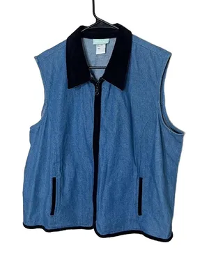 220 Hickory Vintage Denim Sleeveless‎ Zipper Front Velvet Collar Vest XL thumbnail 1