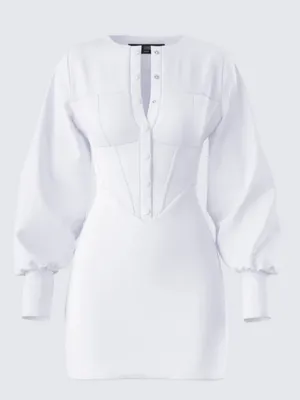 Finesse White Corset Mini Dress Long Puff Sleeve Button Front Bodycon Dress -S thumbnail 1