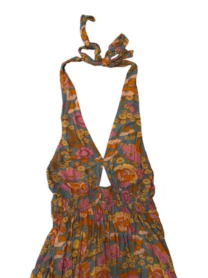 ZESICA Boho Retro Floral Halter Maxi Dress Pink Orange Tiered Sun Dress Large thumbnail 12
