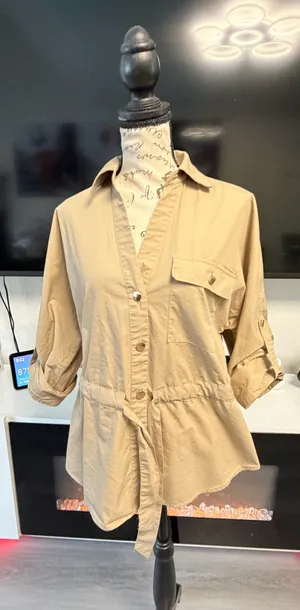 📌 TITLE Zara Khaki Tan Utility Drawstring Button Down Blouse Top XS thumbnail 4