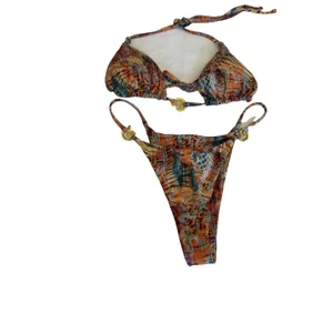 NWT Animal Print String Bikini Set Gold Hardware 2 Piece Swimsuit Medium thumbnail 9