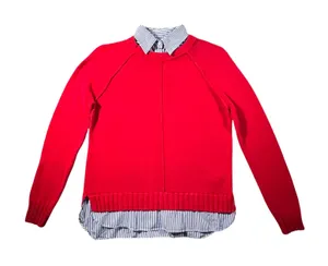 Lauren Ralph Lauren Sweater Womens Large‎ Red Faux Layered Pinstripe Shirt Trim thumbnail 1