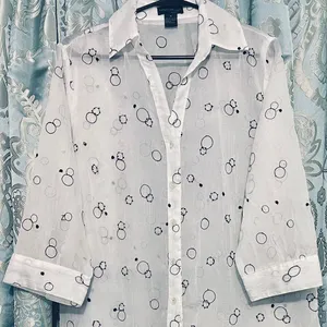 Source Unknown Funky White Sheer Top Size 1 X Black Circle 3/4 Sleeves Embroidery Button Front thumbnail 1