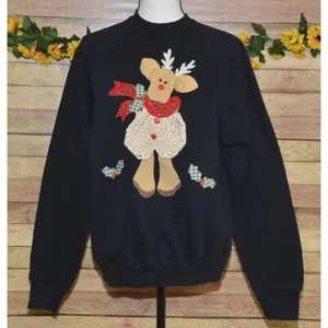 Tultex Vintage Hand Crafted Black Christmas 3-D Reindeer Sweatshirt Size L Granny Core thumbnail 1