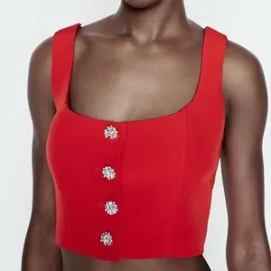 Zara Red Rhinestone Button Corset Crop Top Vest Size XS‎ Structured Boned NWOT thumbnail 1