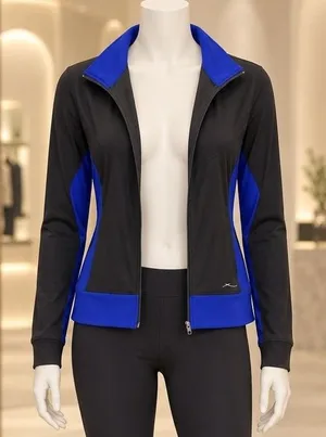 X by Gottex Womens Full Zip Jacket Colorblock Athletic Mock Neck Black Blue M thumbnail 1