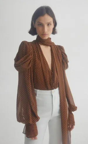 Revolve Acler Swansea Puff-Sleeve Polka-Dot Georgette Tie-Neck Top. Size 6 thumbnail 1
