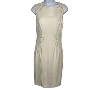 CACHE‎ Ivory Lace Up Grommet Cut Out Back Sleeveless Sheath Dress EUC Size 6 thumbnail 2