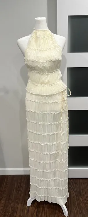 Cream Pleated boho Halter top Maxi skirt ruffle Tiered Open Back Resort‎ S thumbnail 1