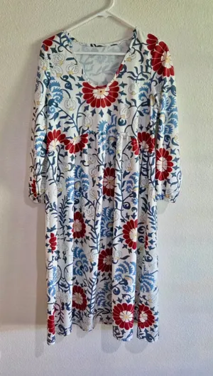 Boho Floral Suzani Print Long Sleeve Empire Waist Midi Dress Red Blue Small W-27 thumbnail 1