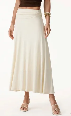 NWT OGL Move Ivory Lime Ruched Waist Flowy Maxi Skirt Size Medium Stretch thumbnail 1