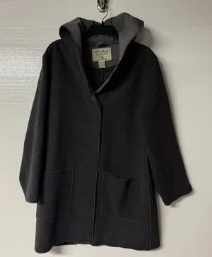 Vintage Eddie Bauer Coat Women M Gray Hood Button Front Wool Nylon Blend Pockets thumbnail 1